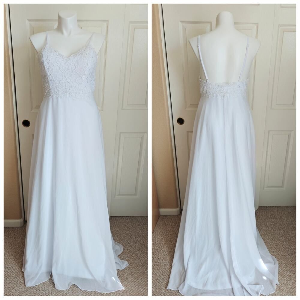 White chiffon lace overlay spaghetti strap bridal wedding dress sz 16